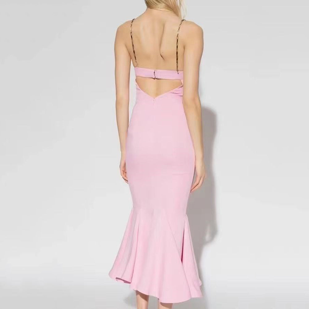 Frilled Bottom Bodycon Backless Lace Up Midi Dress