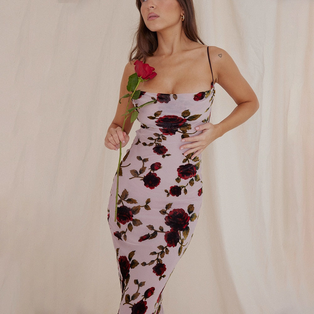 Lace Up Backless Floral Printing Bodycon Maxi Dress
