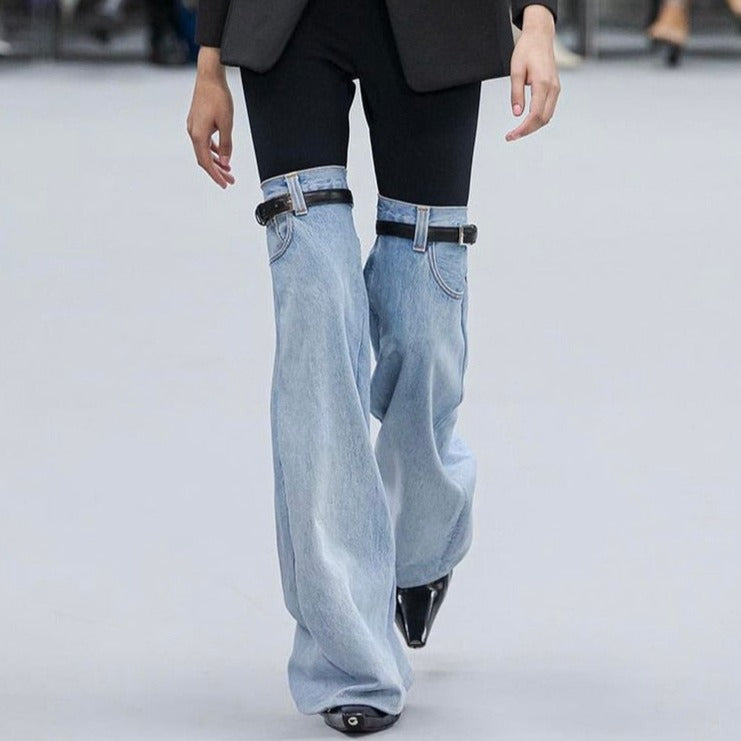 Knees Waist Patchwork Light Blue Denim Flared Pants