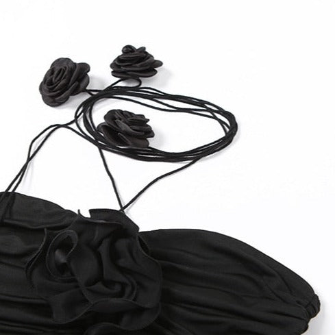 Black Flower Necklace Lace Up Sleeveless Halter Tank Top