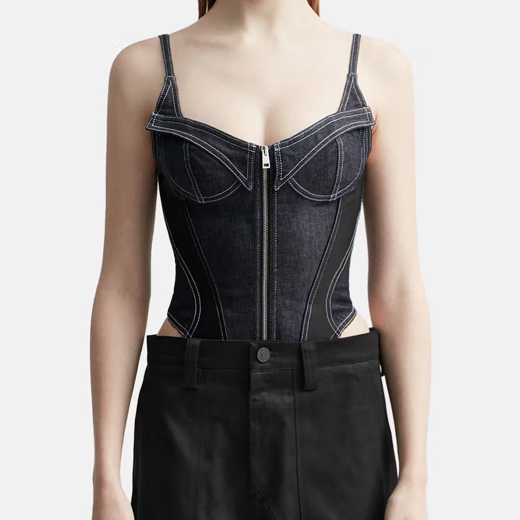 Black Denim Patchwork Lace Up Zipper Bodysuit