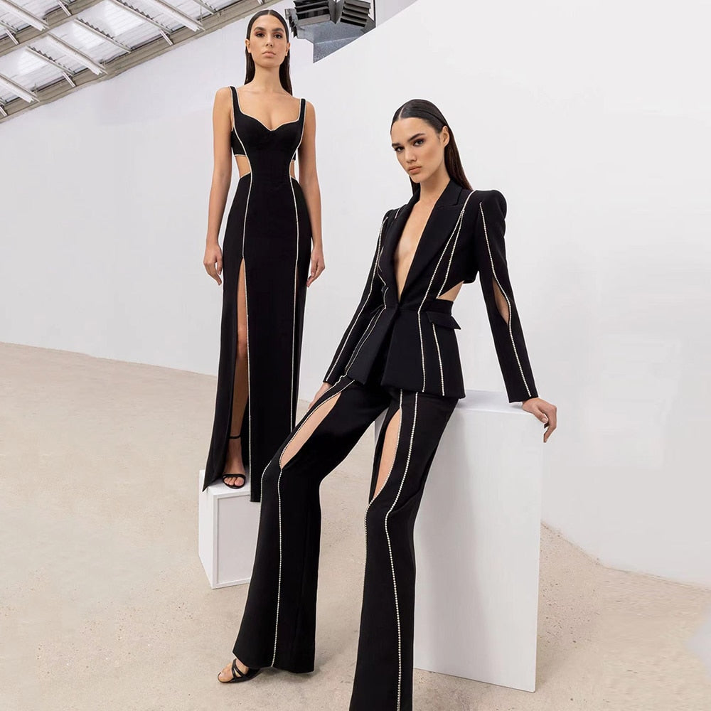 V-neck Sleeveless Hollow out Black Crystals Side Split Maxi Dress