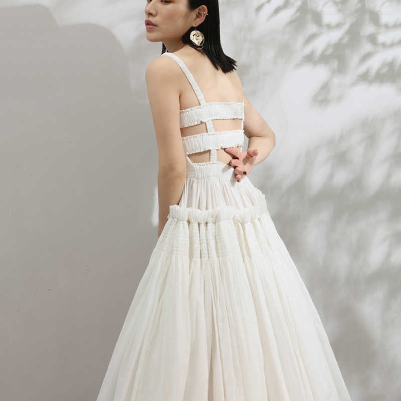 White Puff Hollow Out Pleated Big Hem Dress