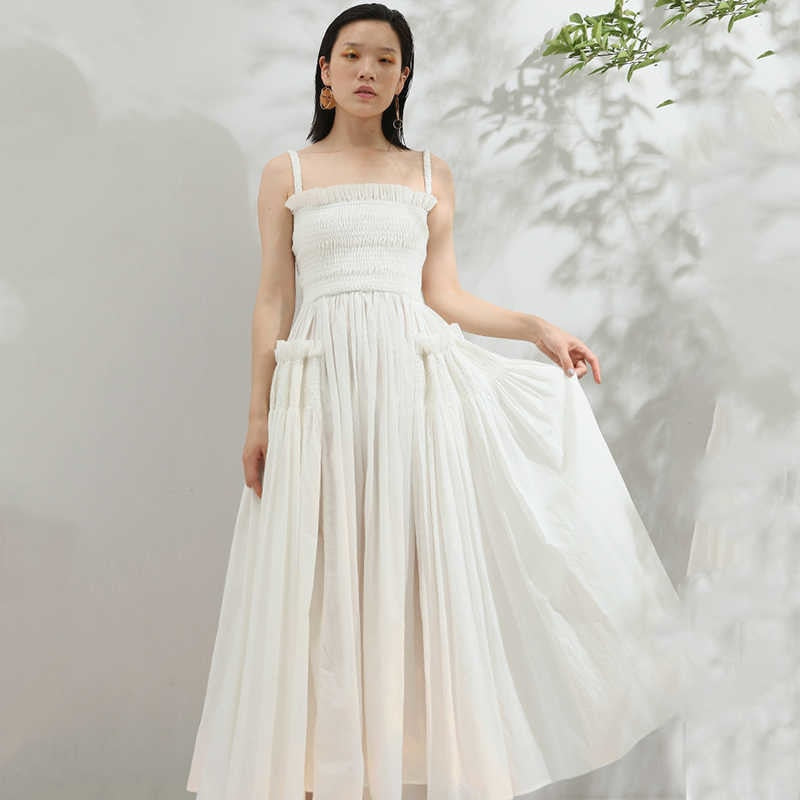White Puff Hollow Out Pleated Big Hem Dress