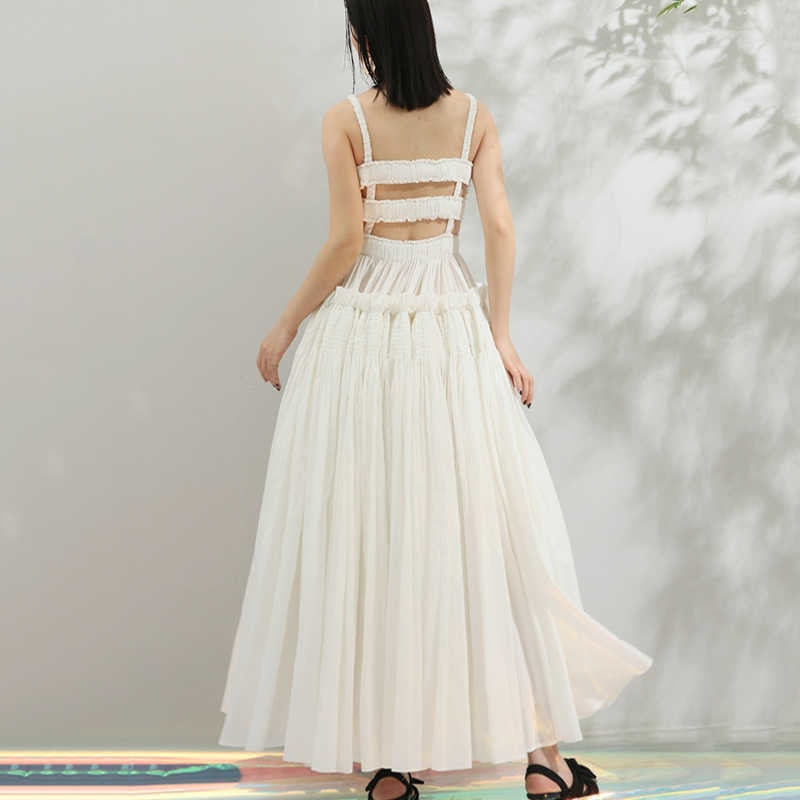 White Puff Hollow Out Pleated Big Hem Dress