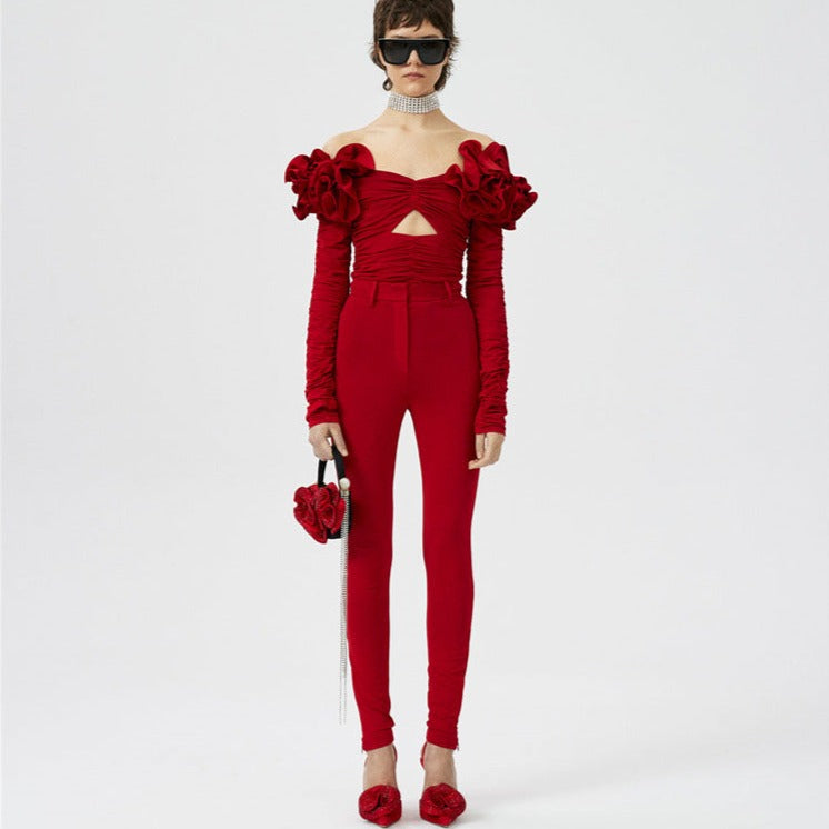 Red Flower Decorated Long Sleeve Off Shoulder Hollow Out Ruched Blouse