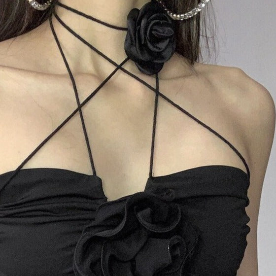 Black Flower Necklace Lace Up Sleeveless Halter Tank Top