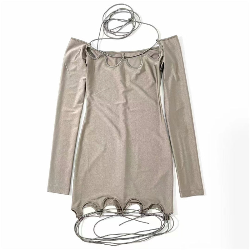 Lace Up Off Shoulder Khaki Mini Dress