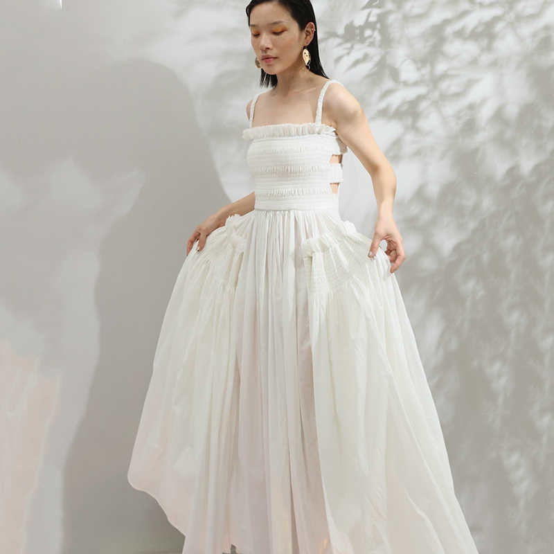 White Puff Hollow Out Pleated Big Hem Dress