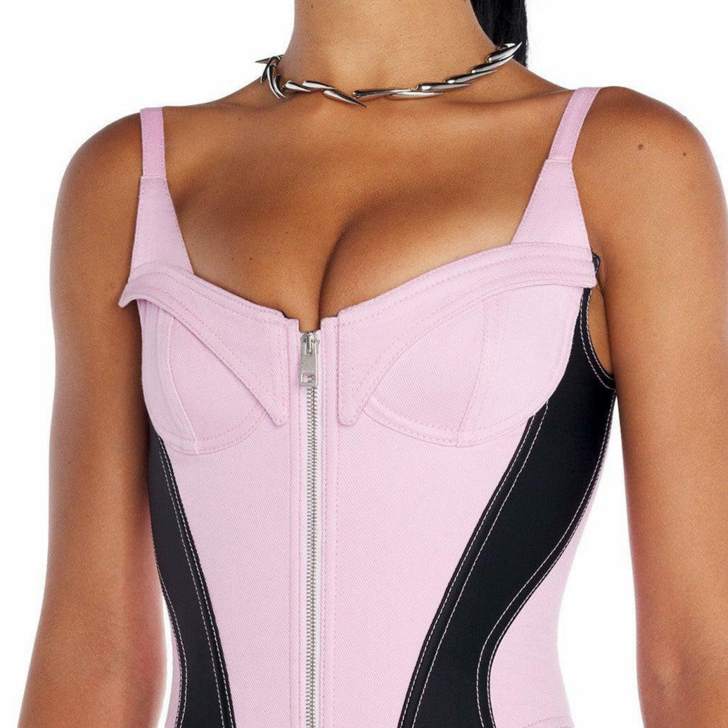 Pink Denim Patchwork Lace Up Zipper Bodysuit
