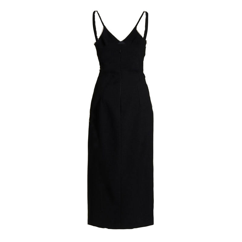 Straps V-Neck Crystal Side Split Midi Dress