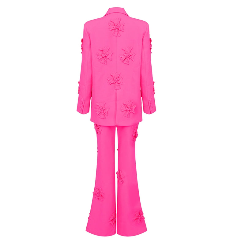 Double-Breasted 3D Flowers Pink Jacket