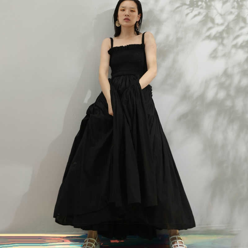 Black Puff Hollow Out Pleated Big Hem Dress