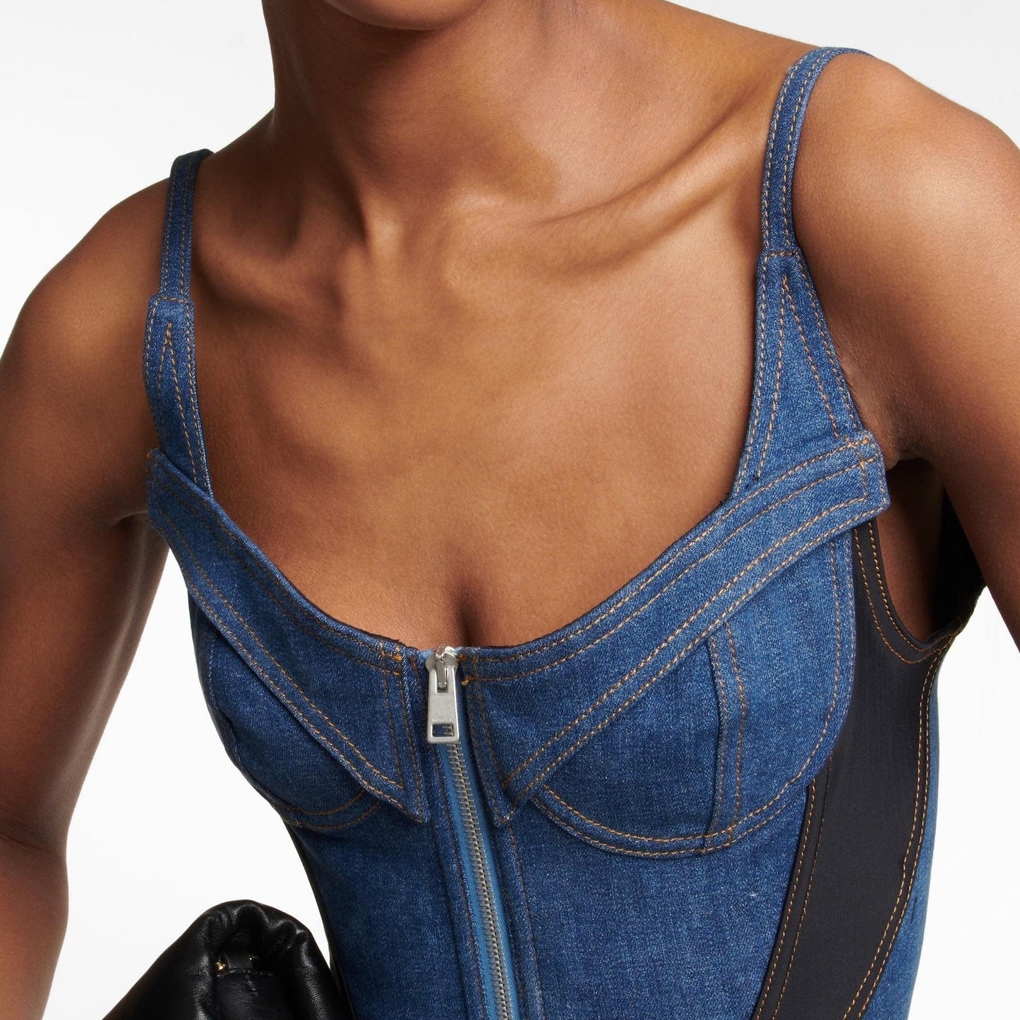 Dark Blue Denim Patchwork Lace Up Zipper Bodysuit