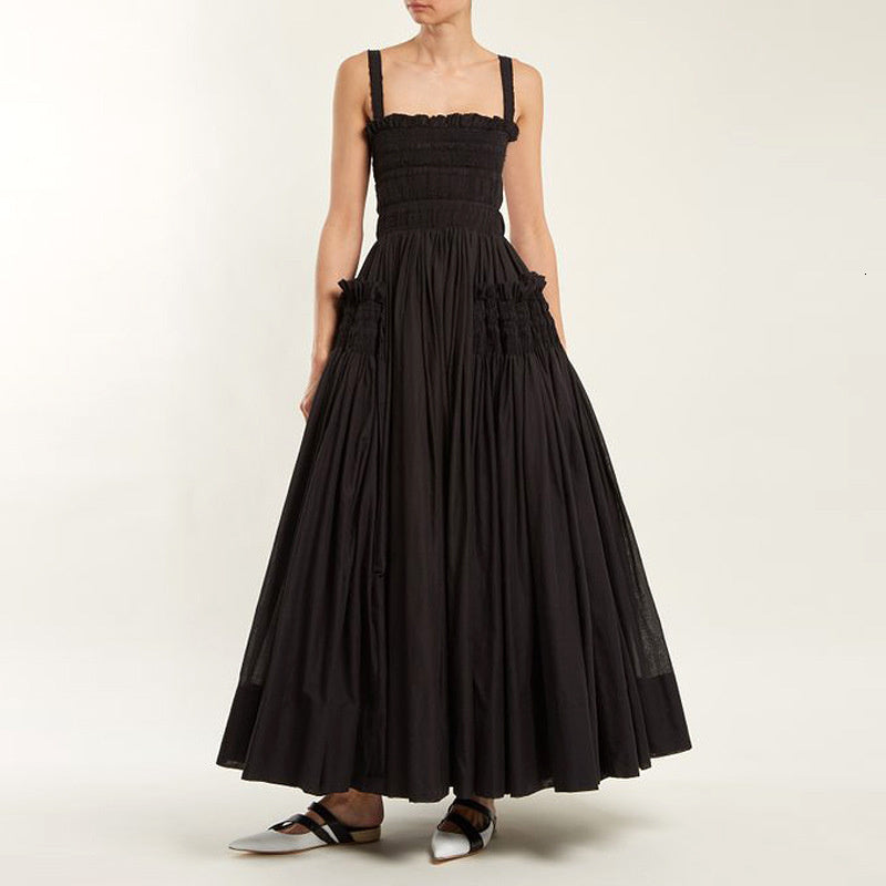 Black Puff Hollow Out Pleated Big Hem Dress