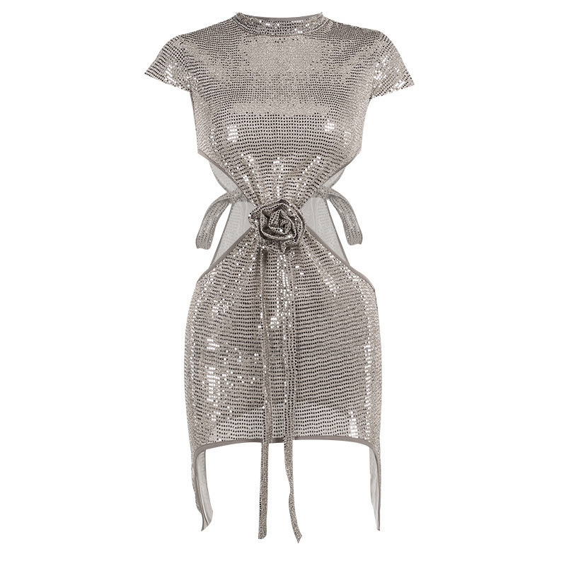 Silver Glitter Rose Bow Side Hollow Out Mini Dress