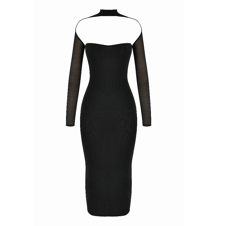 White and Black Midi Dress with Mesh Long Sleeves and Corset