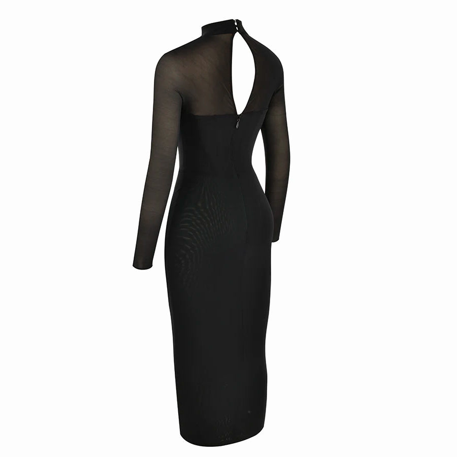 White and Black Midi Dress with Mesh Long Sleeves and Corset