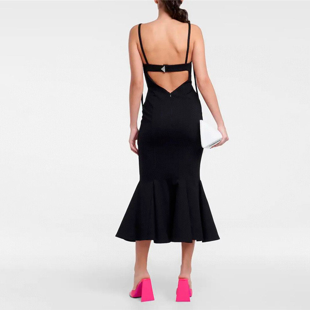 Frilled Bottom Bodycon Backless Lace Up Midi Dress