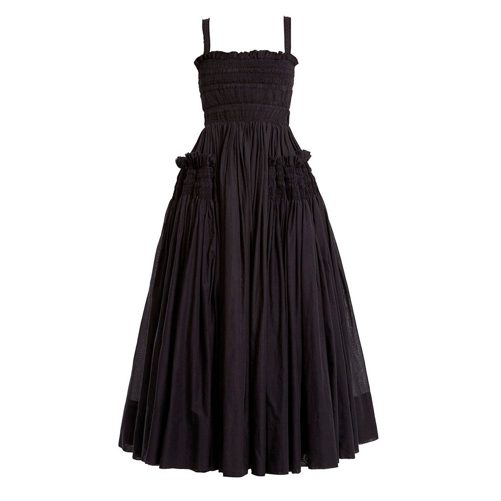 Black Puff Hollow Out Pleated Big Hem Dress