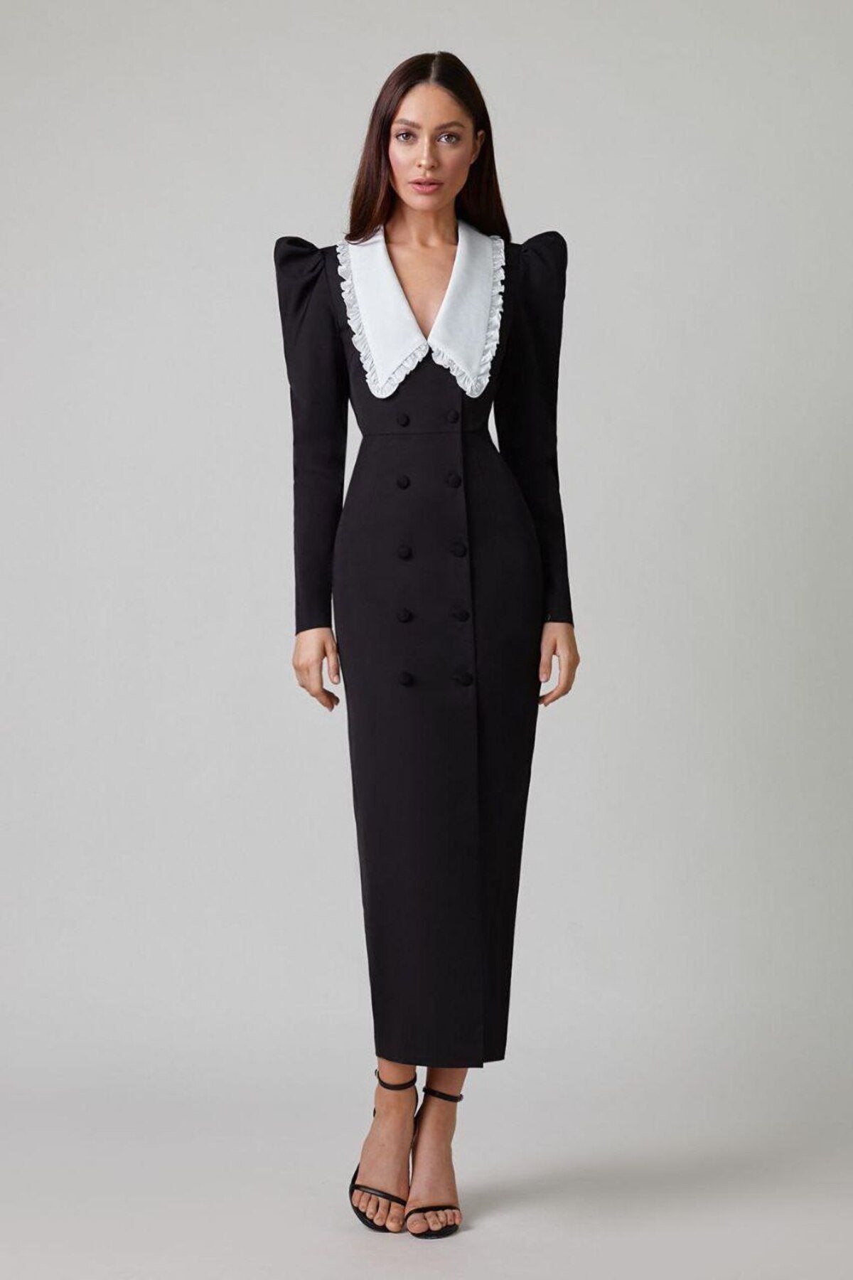 dresses-Kathy Peter Pan Collar V-neck Midi Dress-SD00601242194-Black-S - Sunfere