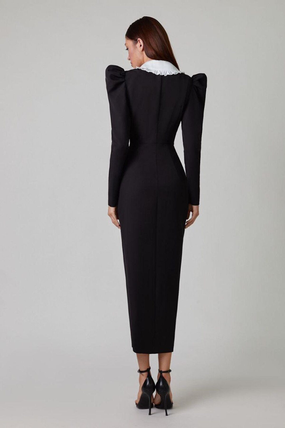 dresses-Kathy Peter Pan Collar V-neck Midi Dress-SD00601242194-Black-S - Sunfere