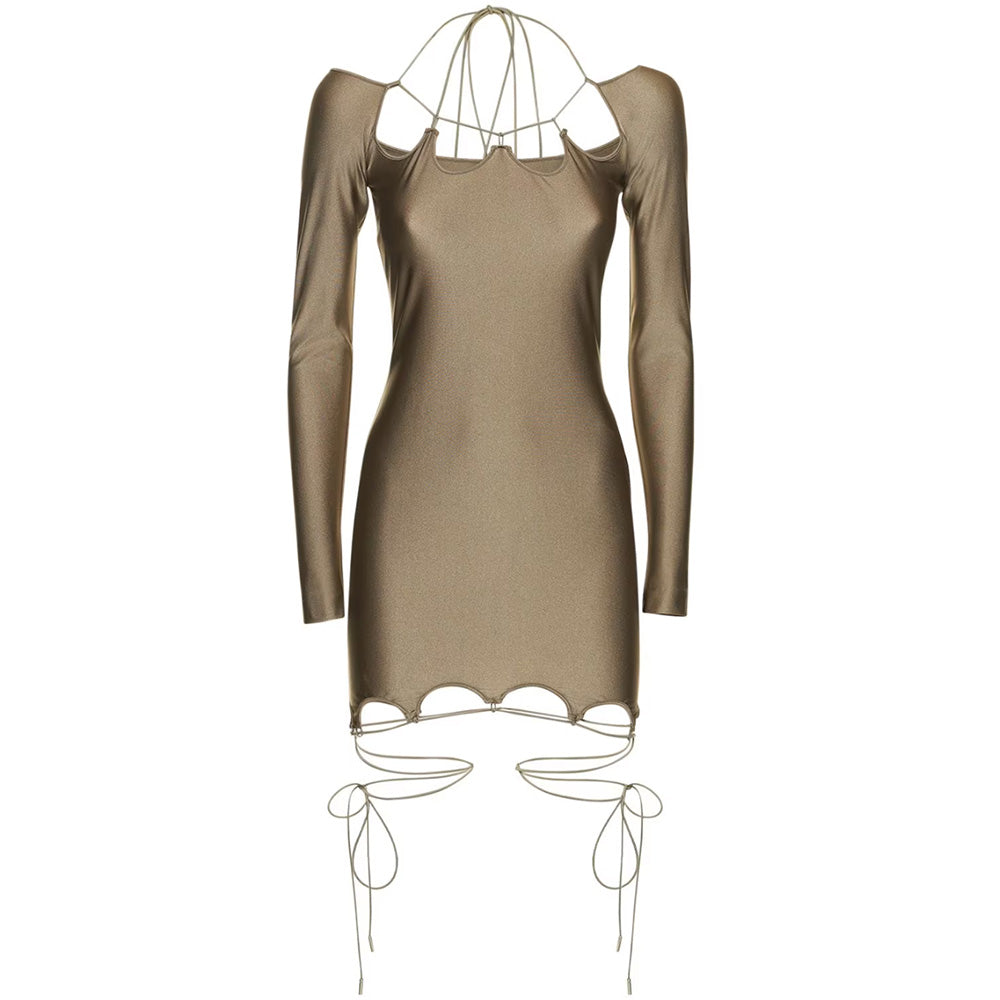 Lace Up Off Shoulder Khaki Mini Dress