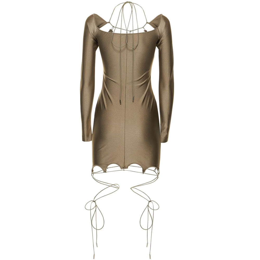 Lace Up Off Shoulder Khaki Mini Dress