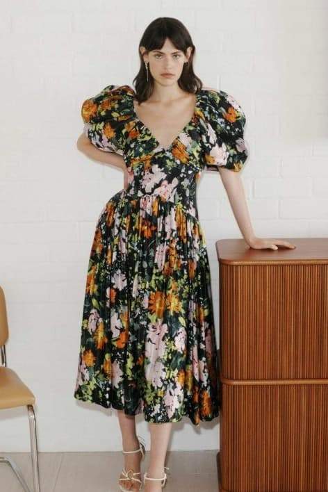 dresses-Megan Printed V-neck Puff Sleeve Midi Dress-SD00604292745-Black-S - Sunfere