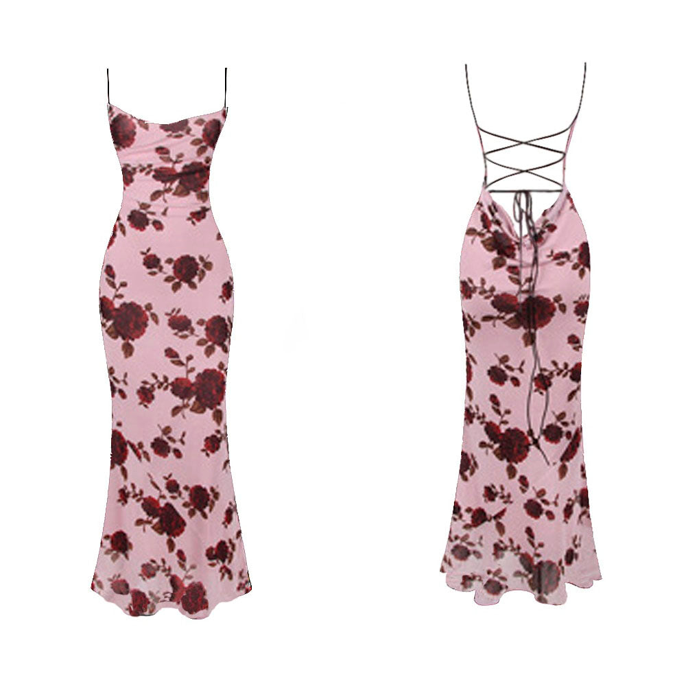 Lace Up Backless Floral Printing Bodycon Maxi Dress