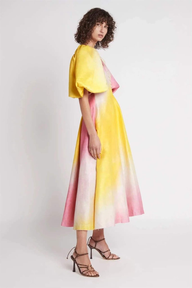 dresses - Salome Puff Sleeve V - neck midi Dress - SD00606272977 - Multi - S - Sunfere