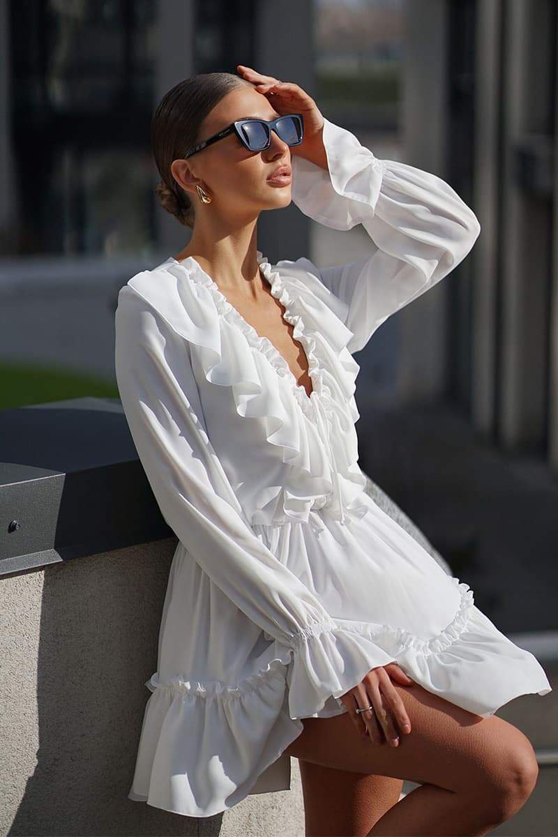 dresses-Sharon V-neck Ruffle Mini Dress-SD00604112663-White-S - Sunfere