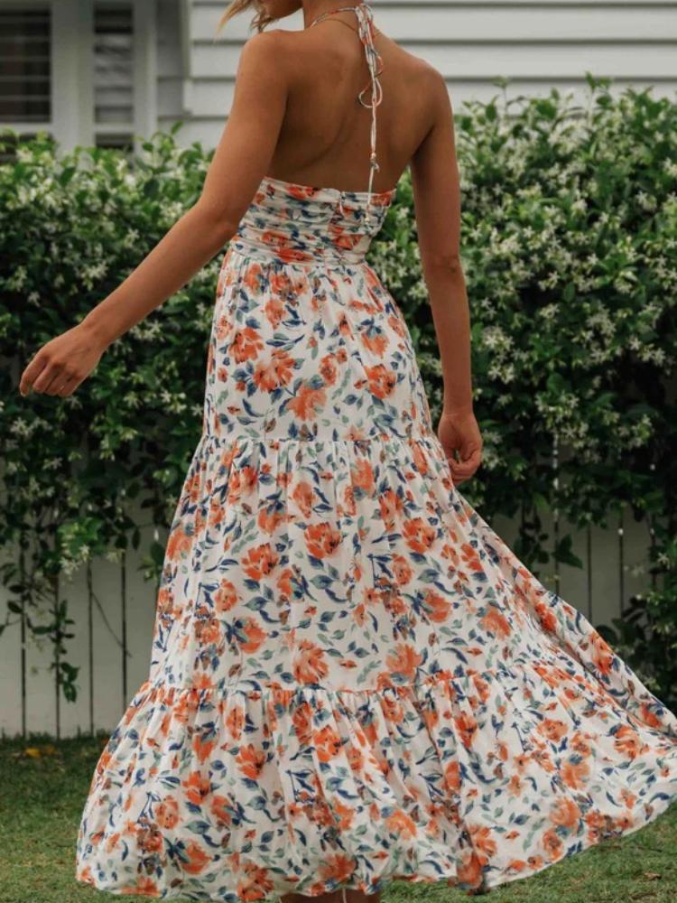 dresses-Sue Floral Printed Halterneck Maxi Sundress-SD0020516107-Blue-S - Sunfere