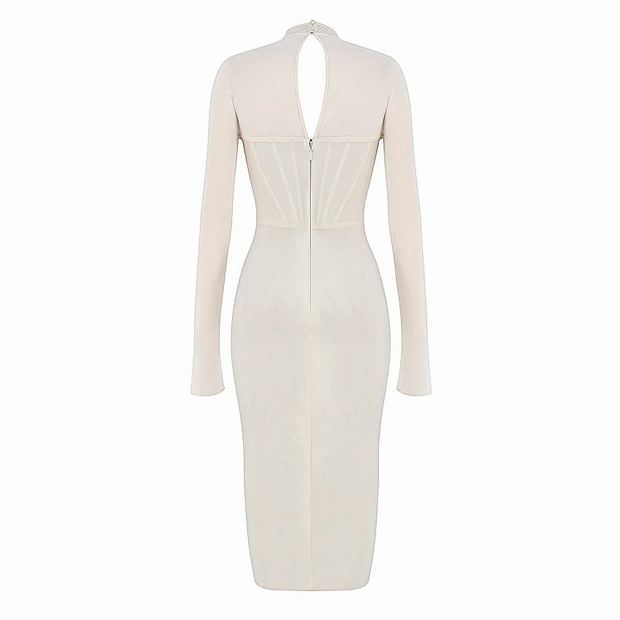 White and Black Midi Dress with Mesh Long Sleeves and Corset