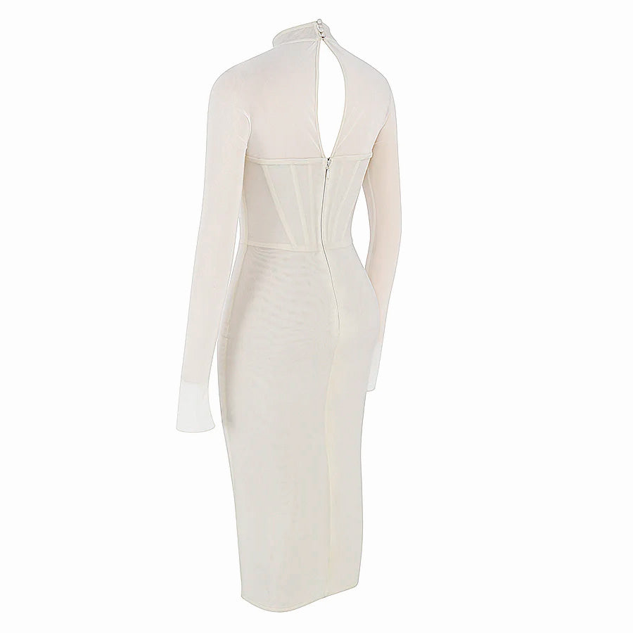 White and Black Midi Dress with Mesh Long Sleeves and Corset