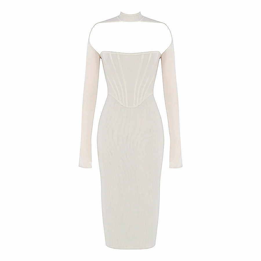 White and Black Midi Dress with Mesh Long Sleeves and Corset