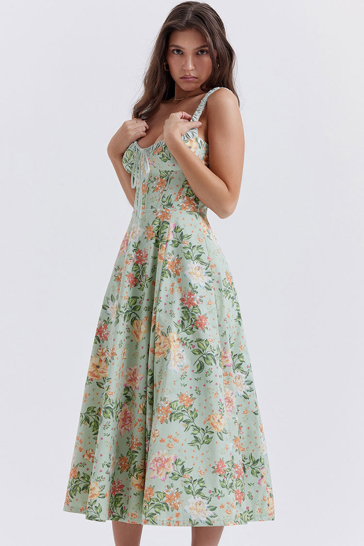 Sexy Tie Neck High Split Floral Printed Summer Midi Sundress - Green