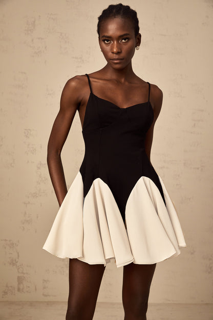 Justine color-blocked godet pleated mini dress