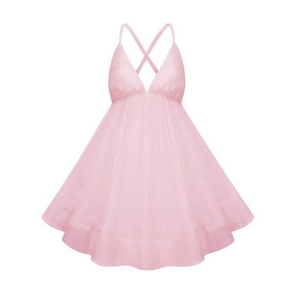 Quincie Pink Shirred Flounced Mini Dress