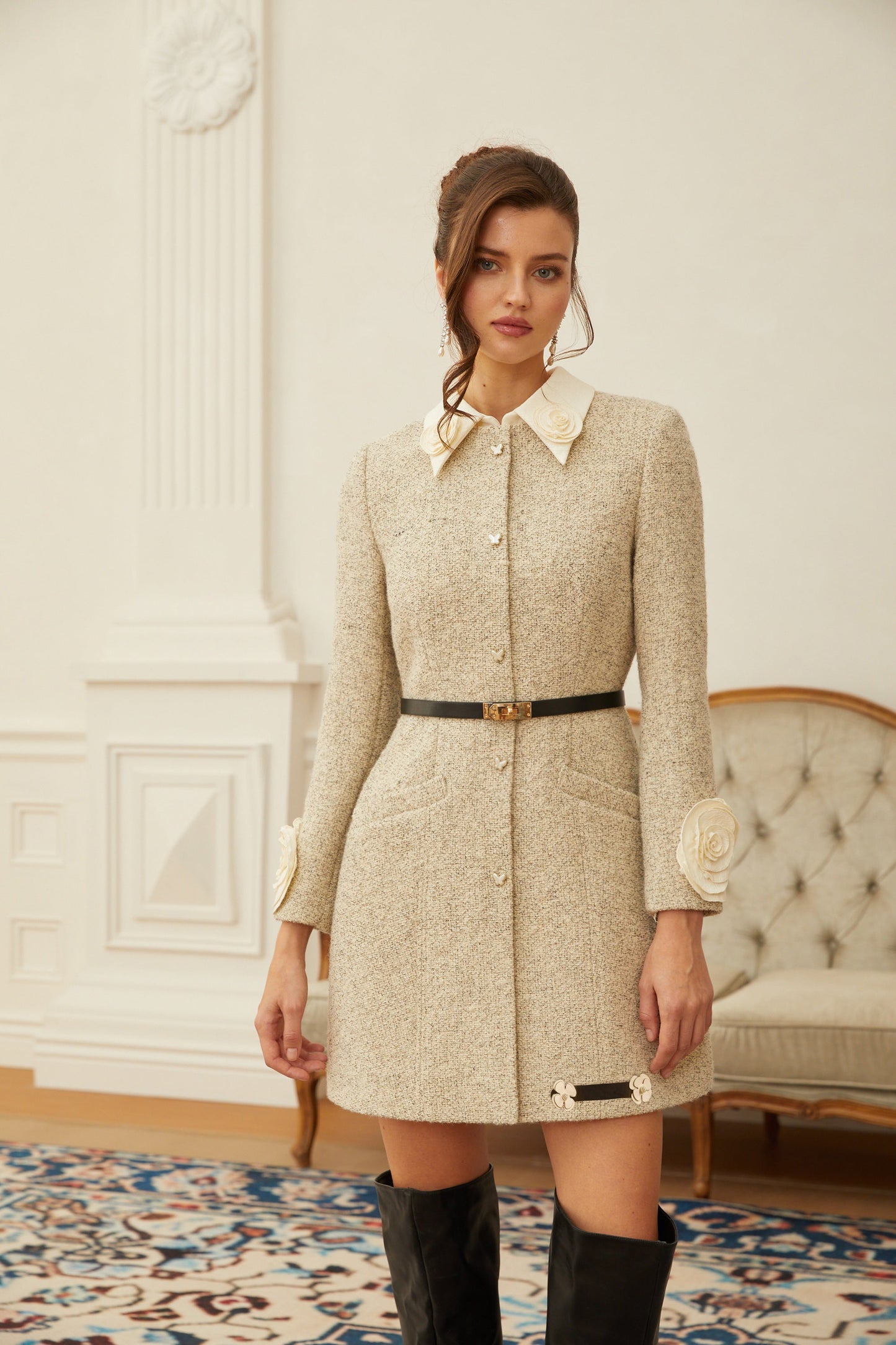 Élodie Neutral 3D Petal Tweed Mini Dress