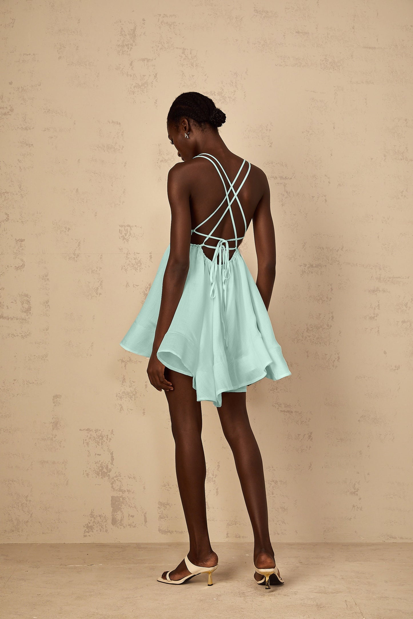 Quincie Green Shirred Flounced Mini Dress