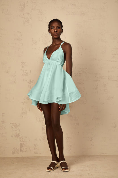 Quincie Green Shirred Flounced Mini Dress
