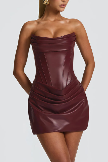 Agnes Brown Ruched Leather Bodycon Mini Dress