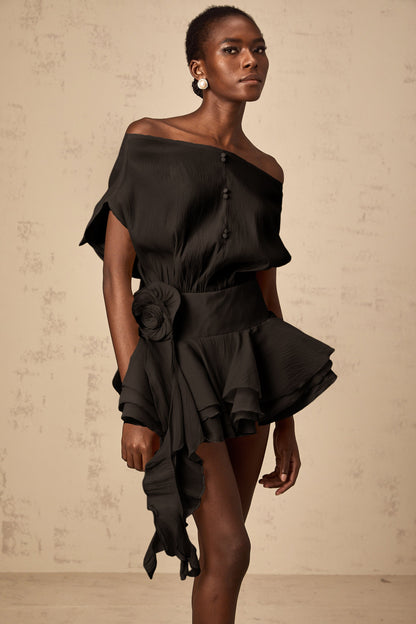 Amélie Black Floral Appliqué Flounced Mini Dress