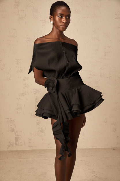 Amélie Black Floral Appliqué Flounced Mini Dress