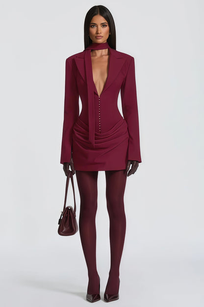Rosette Burgundy Ruched Blazer Mini Dress