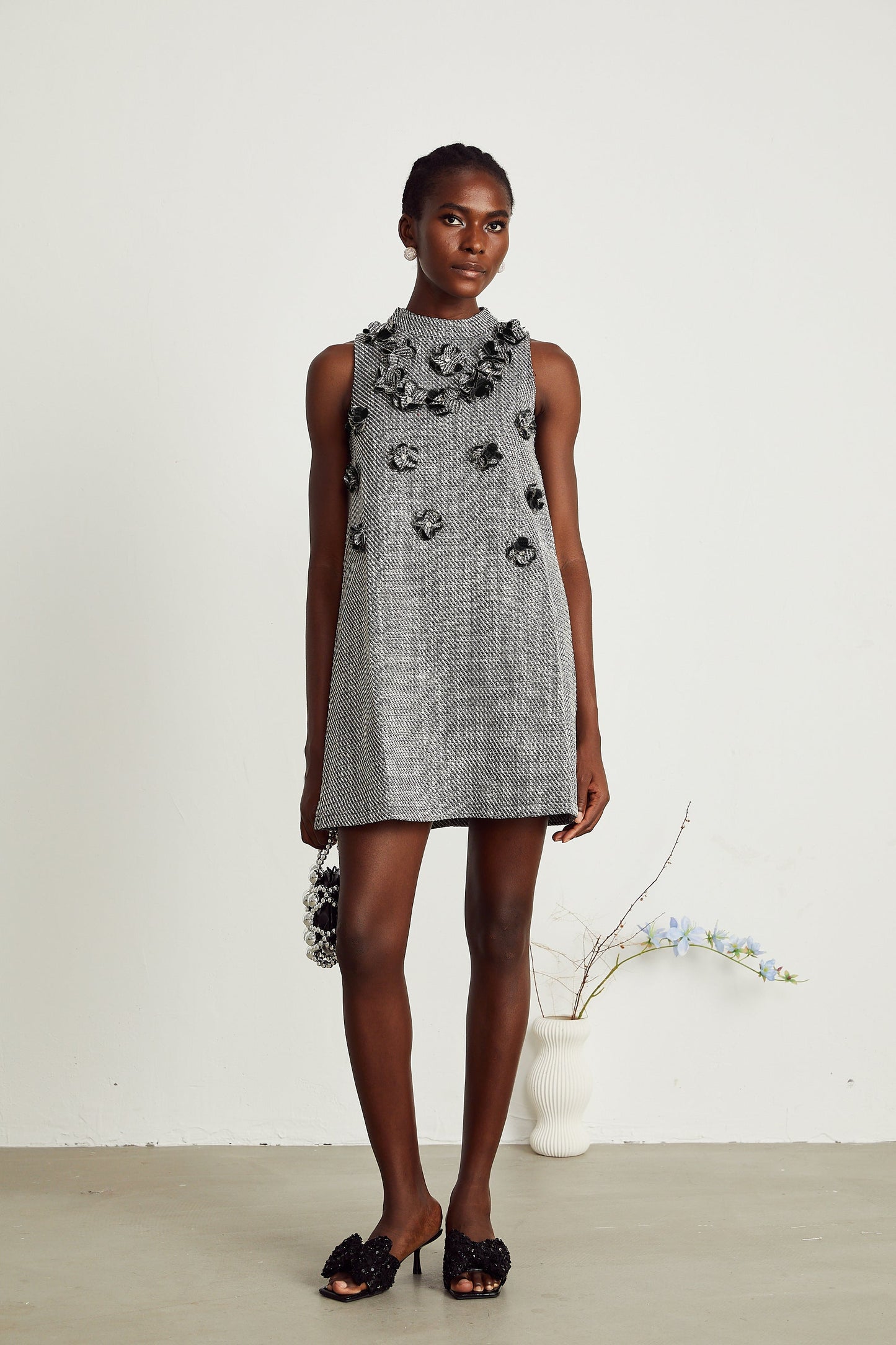 Nadège faux-flower sleeveless mini dress