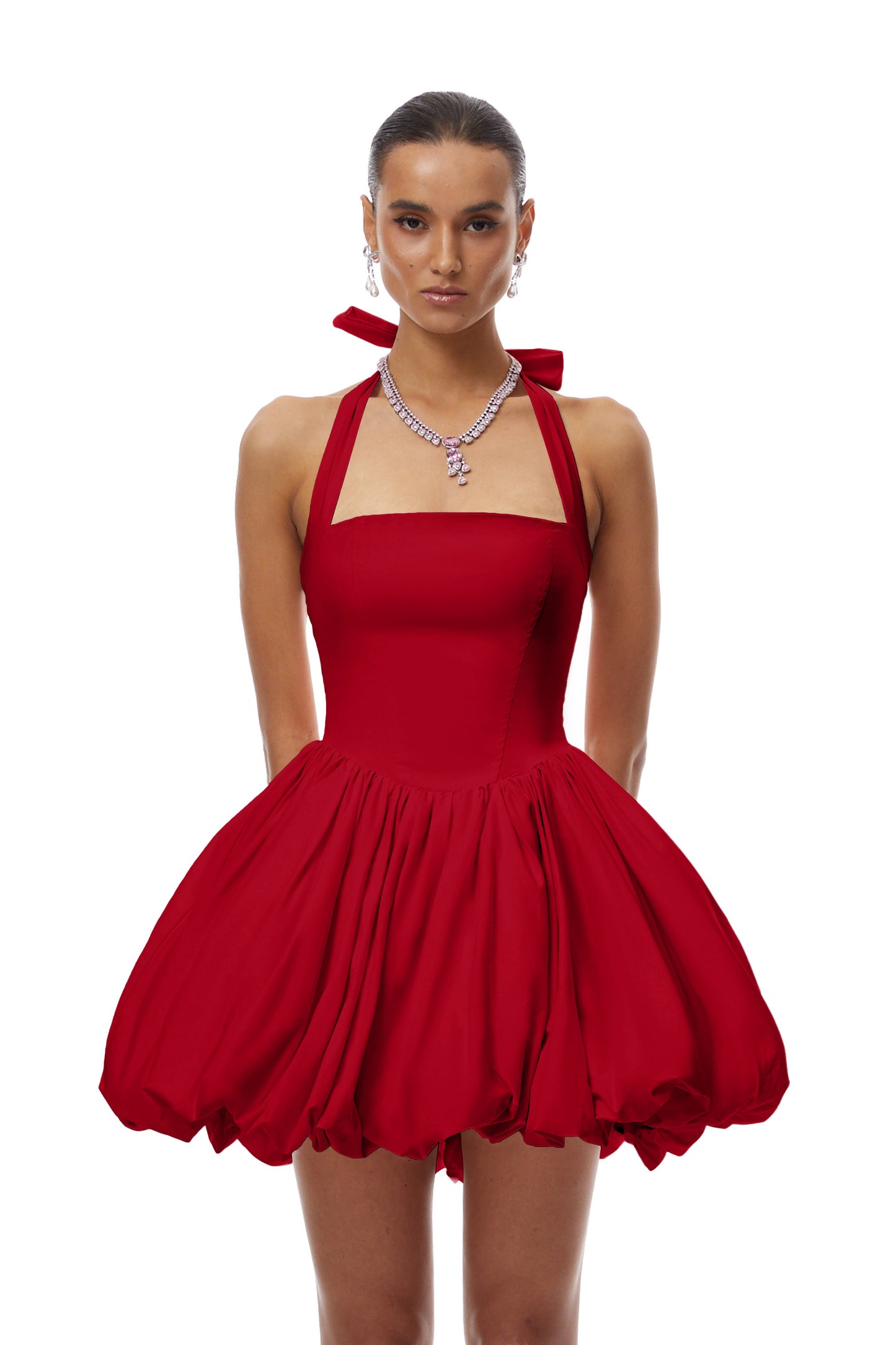 Anaelle Red Shirred Puffball Mini Dress