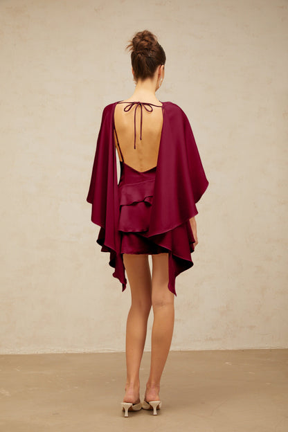 Lyna shawl-panel ruffled satin mini dress in Red