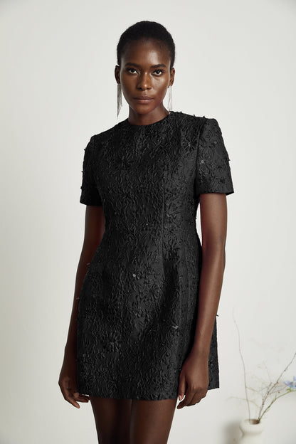 Celestia Floral-Appliqué Embellished Mini Dress in Black